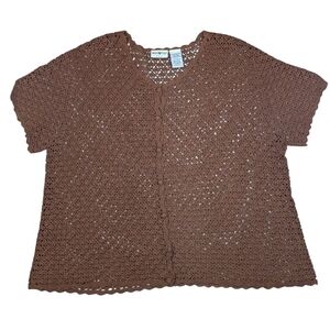 White Stag brown, loose knit crochet, short sleeve cardigan sweater. 26/28W